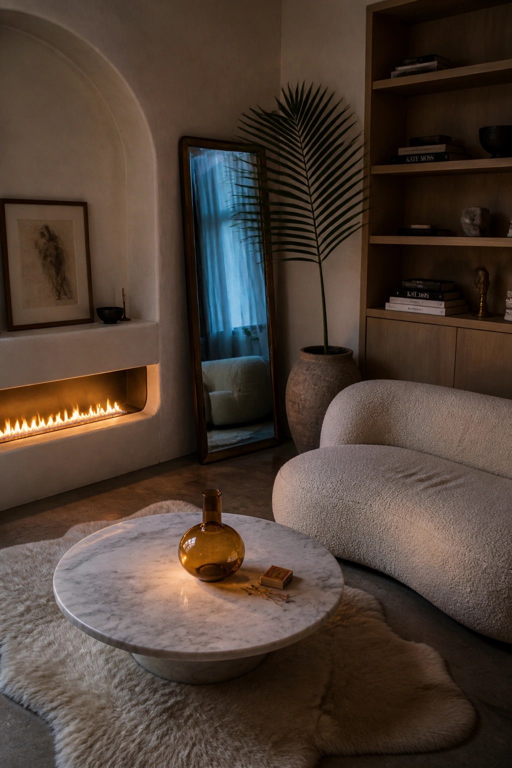 A small living room with a built-in linear fireplace set into a white plaster wall under an arched niche, next to a tall mirror and curved sofa.
