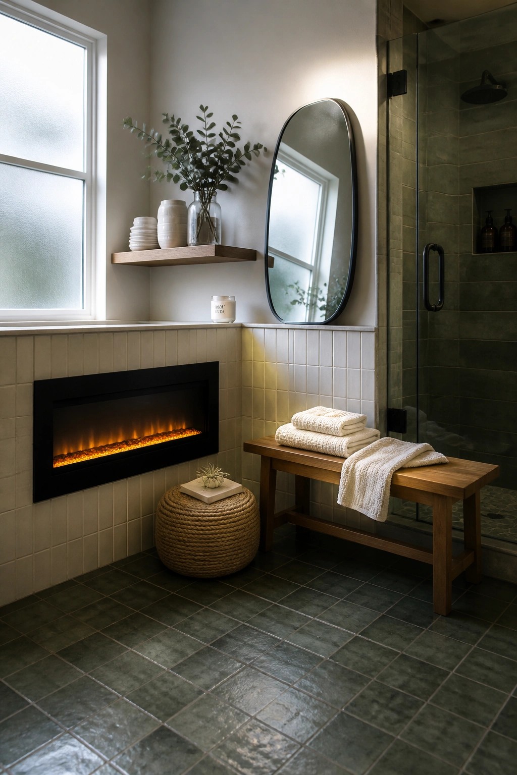 A modern bathroom interior with a black linear electric fireplace built into a beige tiled wall, a wooden bench holding folded towels, a round woven stool, and a floating shelf with vases and greenery.