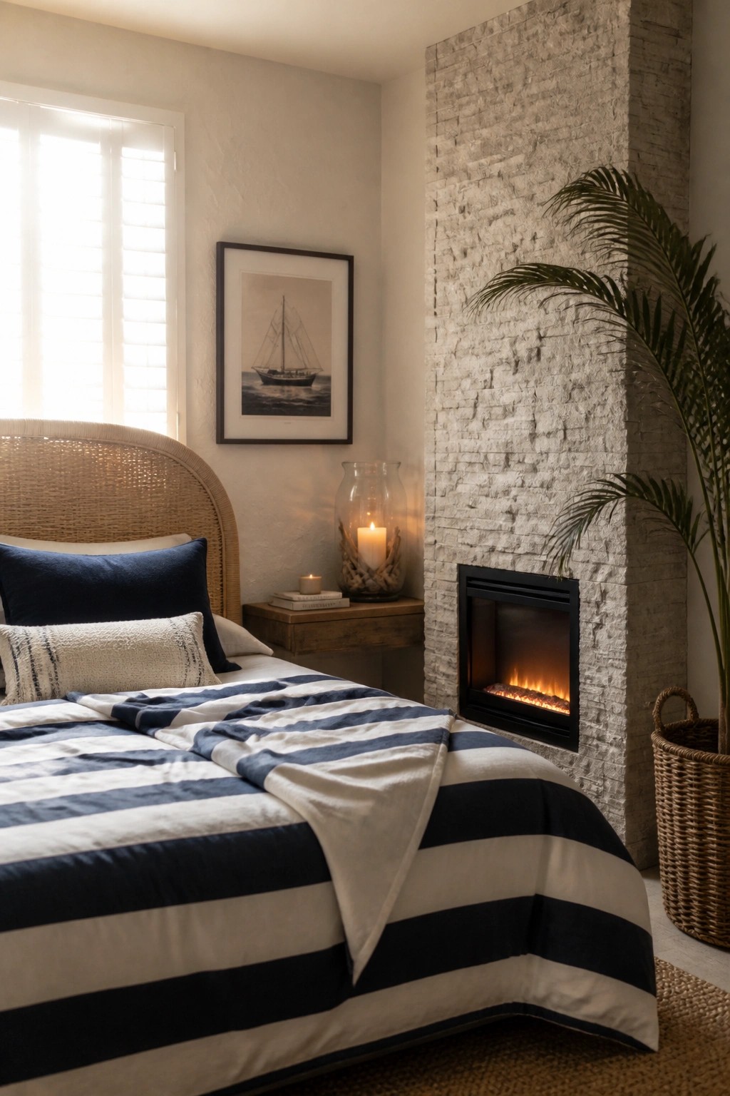 A bedroom with a bed covered in navy and white striped bedding next to a fireplace built into a stone wall.