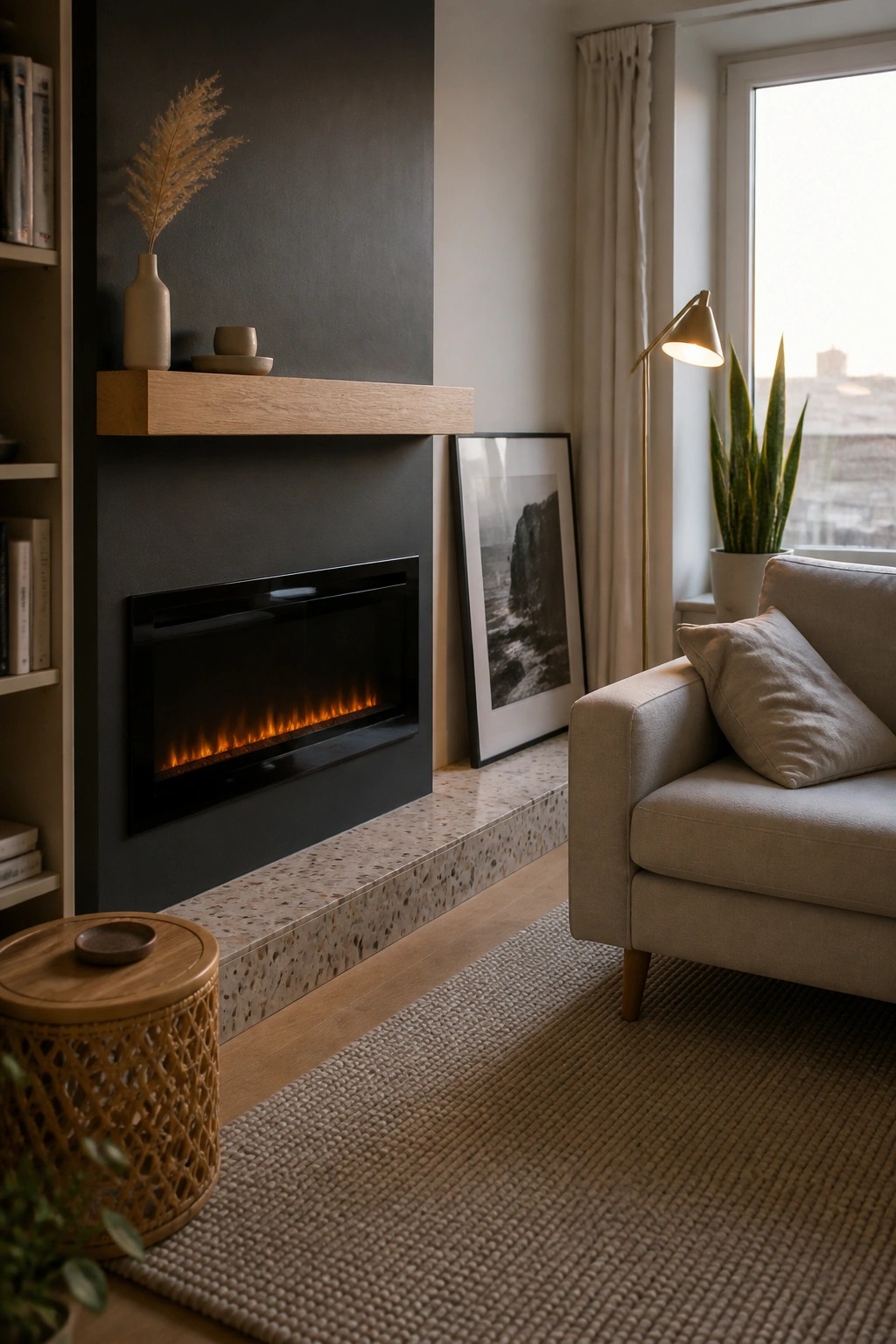 A modern electric fireplace installed into a dark accent wall with a wooden floating mantel and terrazzo hearth ledge next to a light sofa in a compact living room.