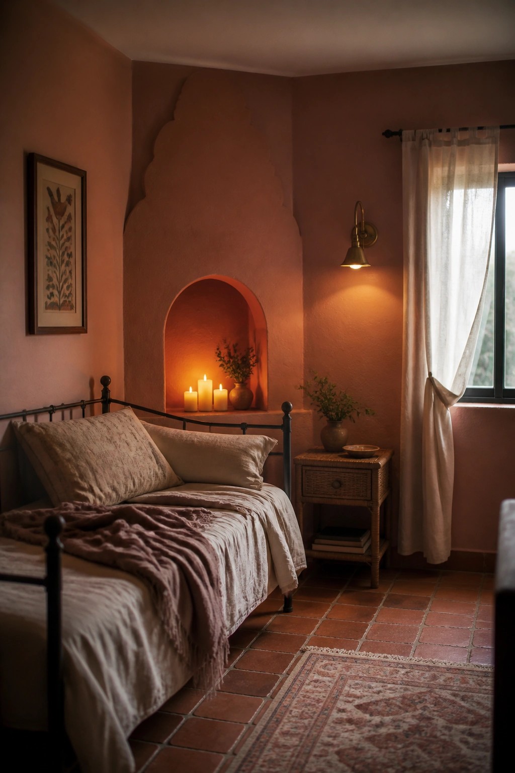 A bedroom with terracotta walls and a built-in arched niche holding three lit candles and a small vase beside a bed with white linens.