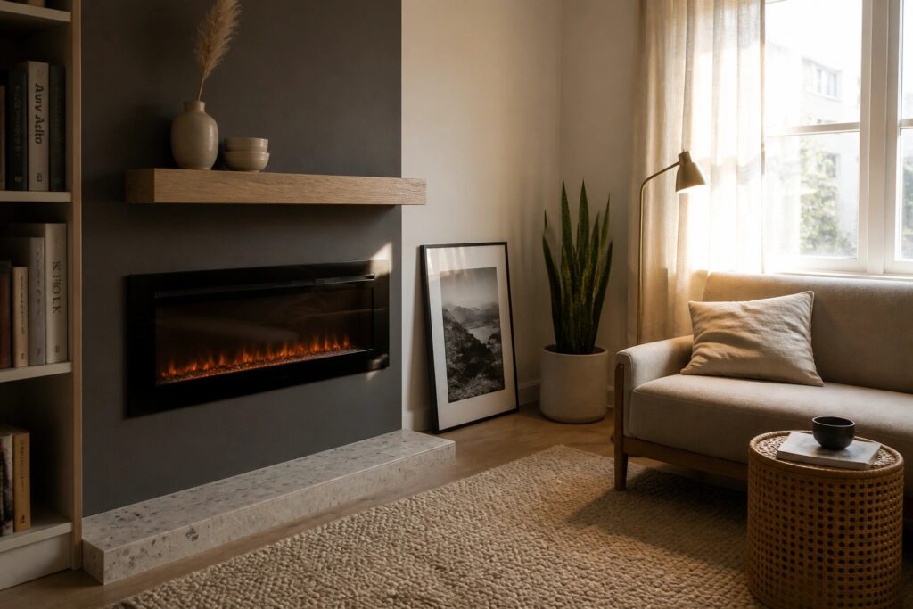 18 Small Space Fireplace Ideas for Apartments and Compact Rooms A modern electric fireplace installed into a dark accent wall with a wooden floating mantel and terrazzo hearth ledge next to a light sofa in a compact living room.