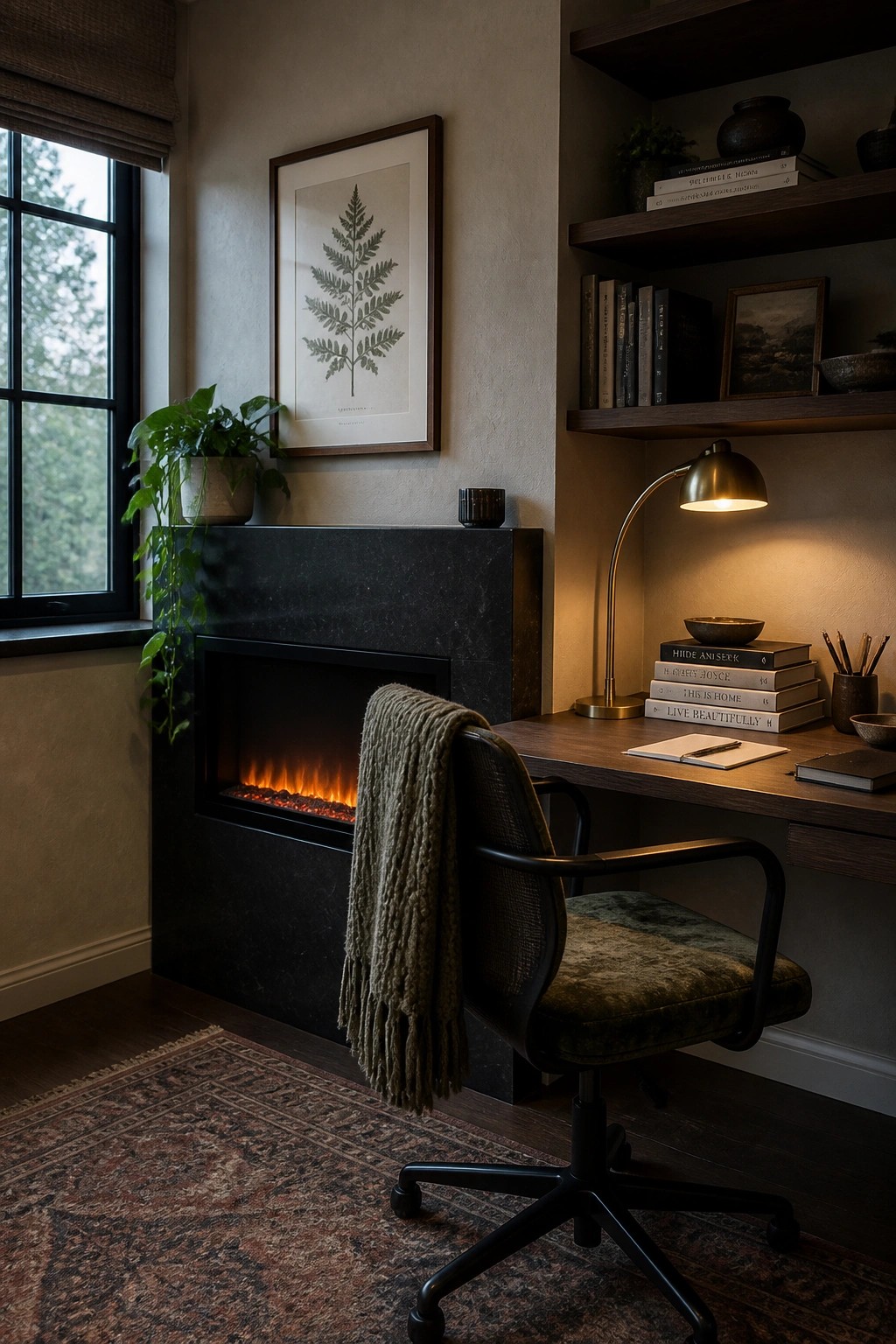 A compact room featuring a black electric fireplace set into a dark surround, a wooden desk with floating shelves above it, an office chair, and a window to the left.