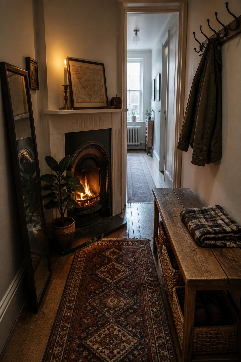 A narrow interior hallway with a lit fireplace, white mantel, long patterned runner rug, wooden bench with woven baskets, and a coat hanging on the wall.