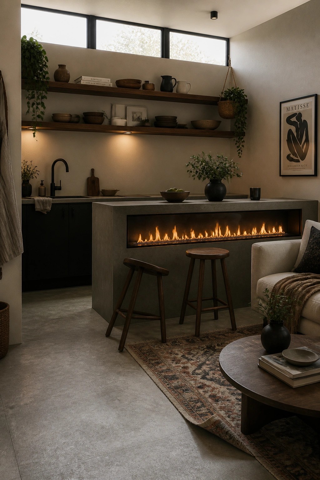 A modern interior with a linear fireplace built into a concrete kitchen island, two wooden stools in front, and open shelving above.