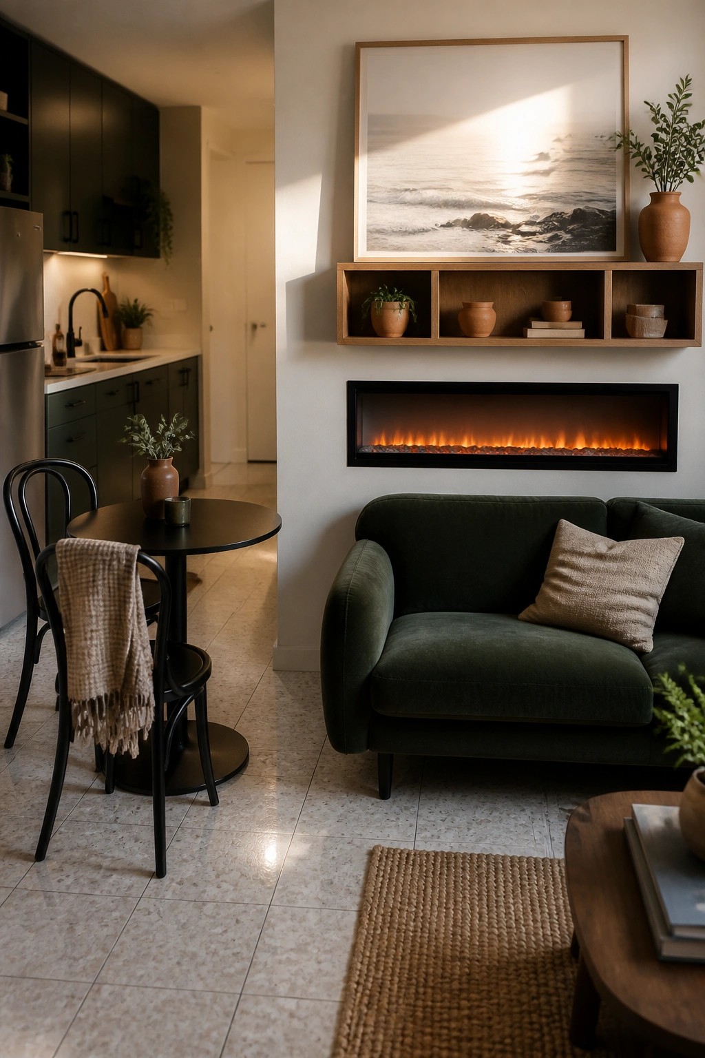 A compact living room featuring a linear electric fireplace beneath a wooden floating shelf, with a dark green sofa and a small round dining table nearby.