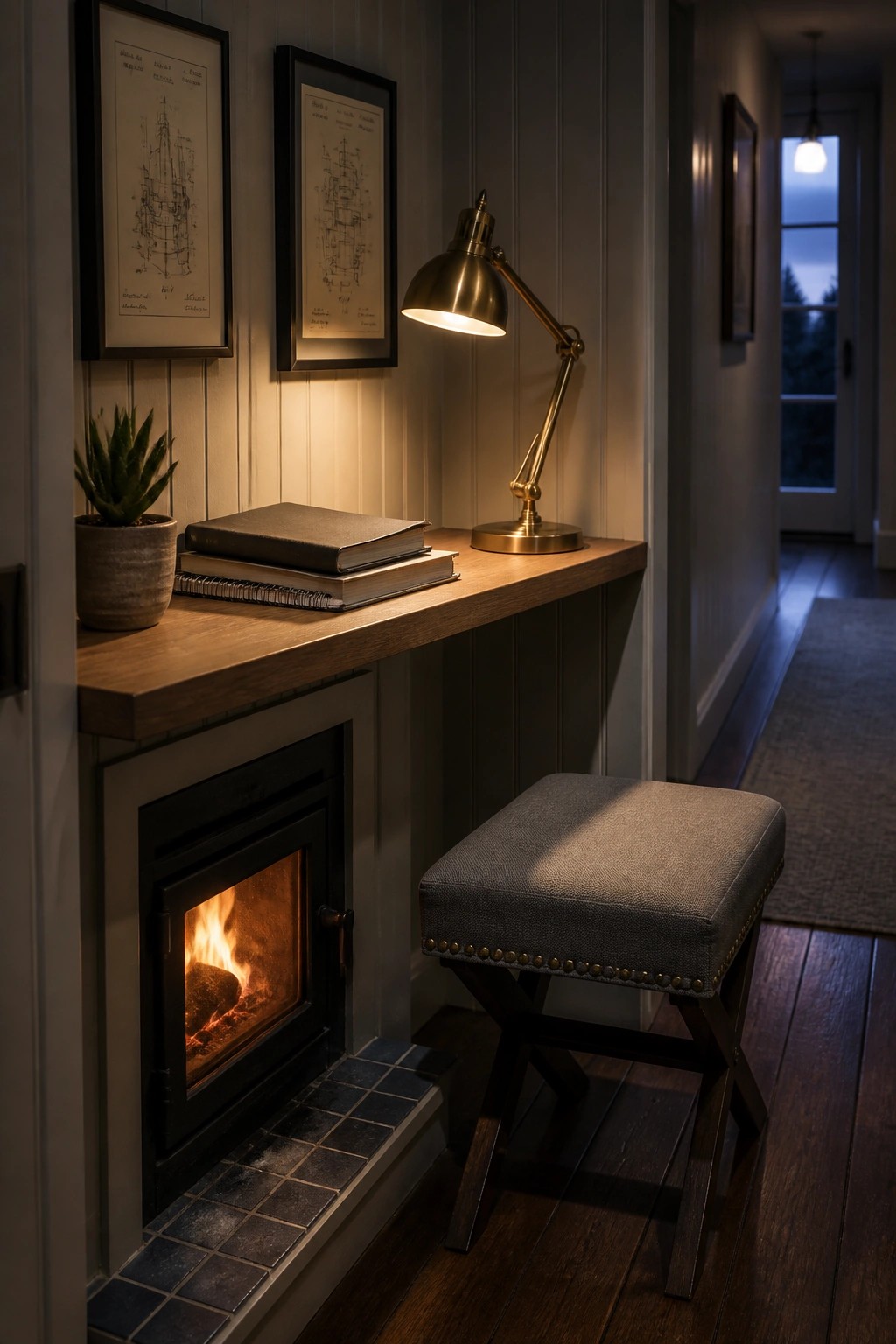 A small black fireplace with a burning fire sits under a wooden ledge holding stacked books and a brass lamp, next to a gray upholstered stool on dark wood flooring.
