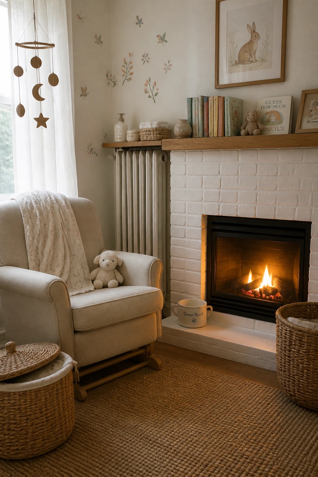 A small room corner shows a white brick fireplace with a burning fire, a beige armchair holding a small stuffed lamb, woven storage baskets, and a wooden mantel lined with books.