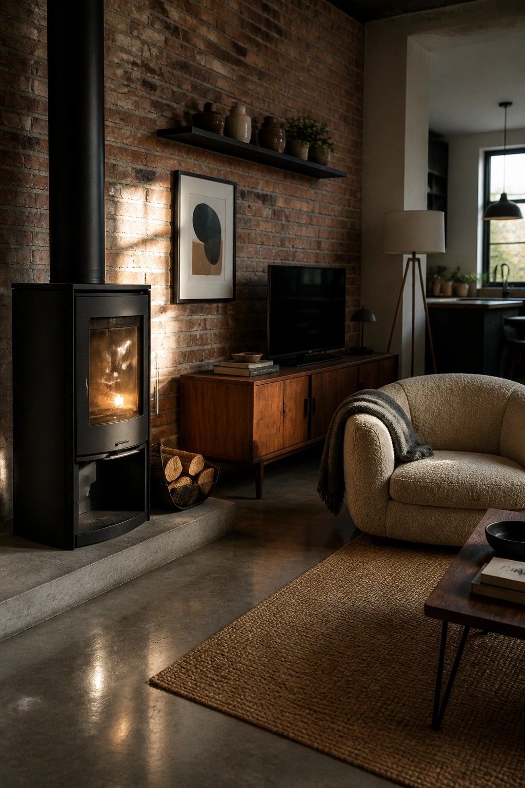 A black freestanding wood stove rests on a concrete platform against a red brick wall in a living room with a wooden media console and beige armchair nearby.