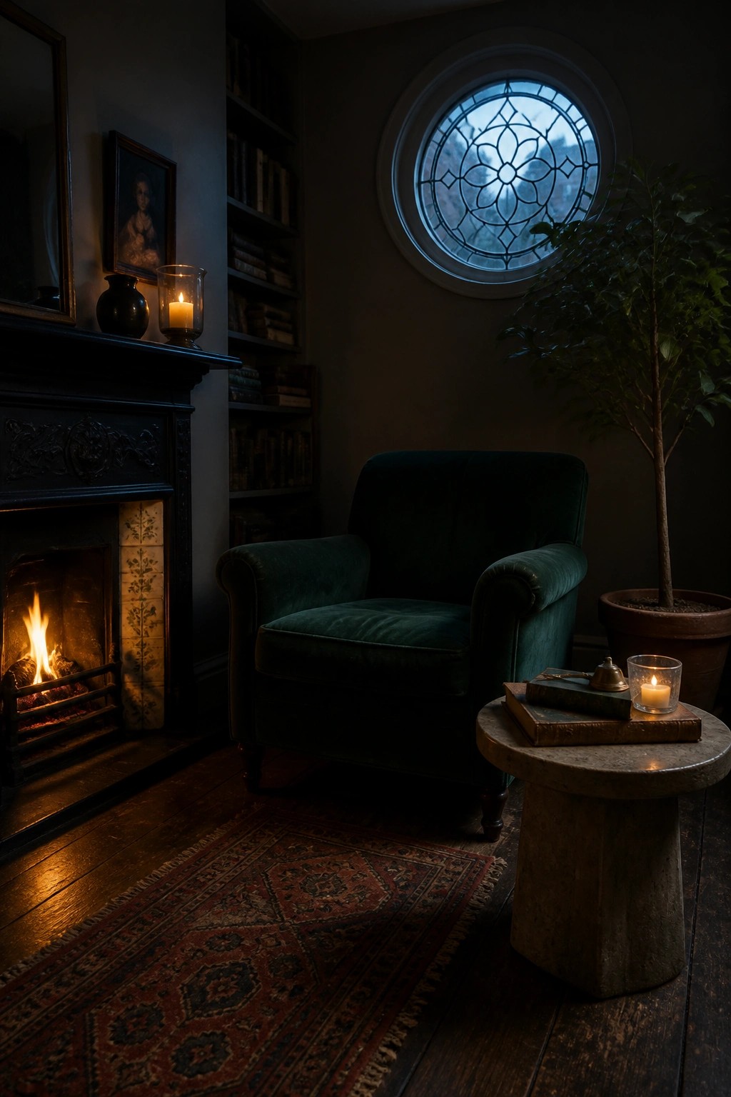 A dark green velvet armchair faces a lit fireplace in a dimly lit room with a round window, bookshelves, and a small side table holding books and a candle.