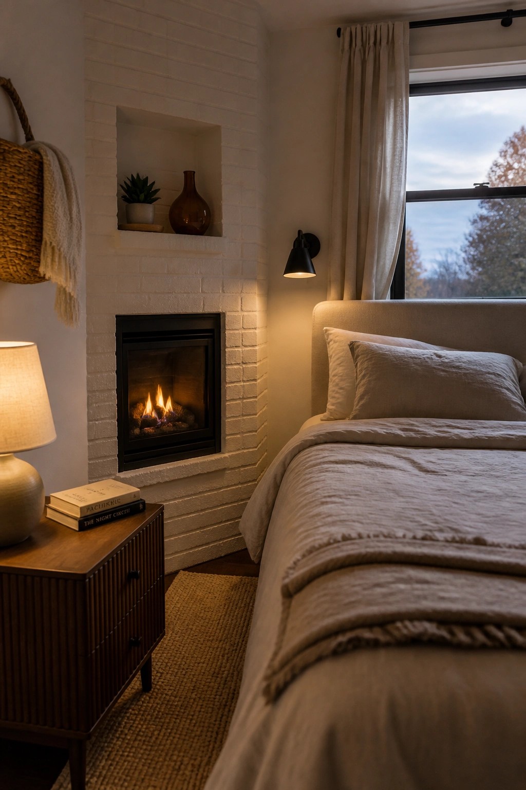 A bedroom featuring a recessed fireplace set into a white brick wall next to a bed with neutral bedding.