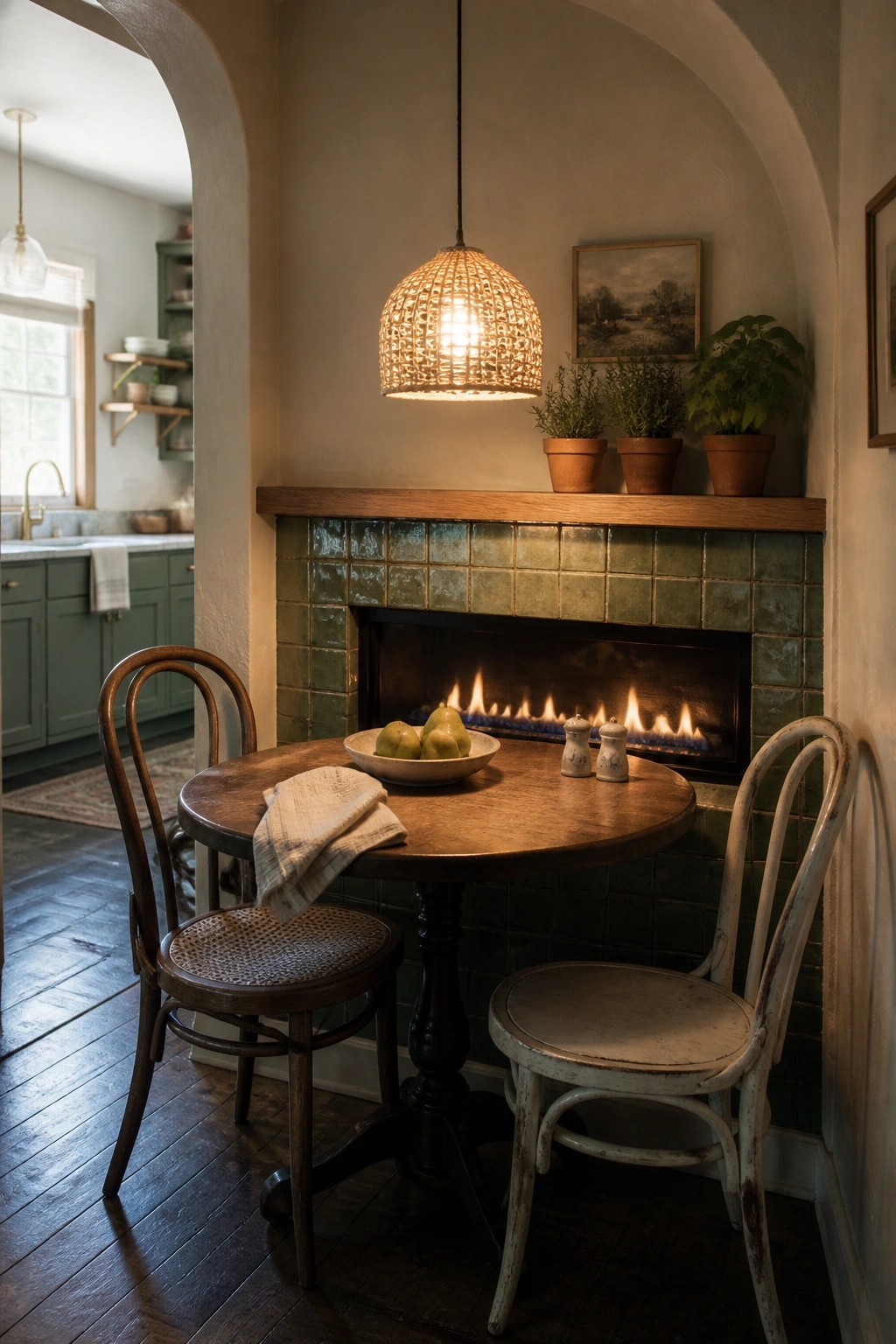 A round wooden table with two mismatched chairs sits directly in front of a green-tiled fireplace with a wooden mantel in a small interior room.