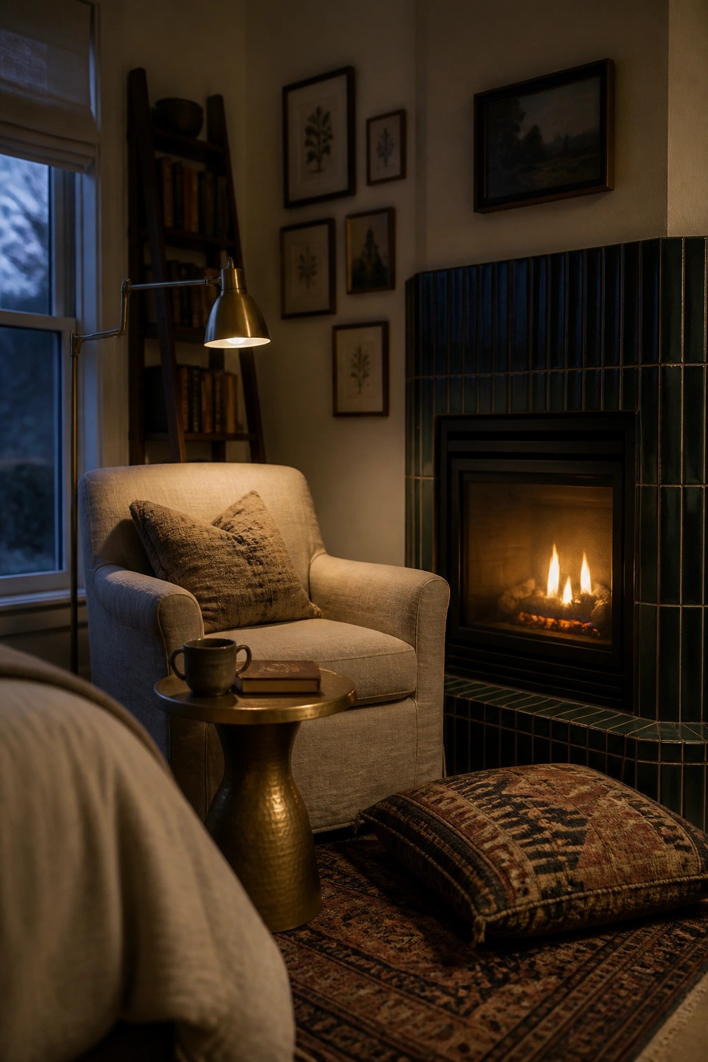 A small living area features a lit fireplace with dark green tile, a beige armchair with pillows, a round side table, and a patterned cushion on the rug.