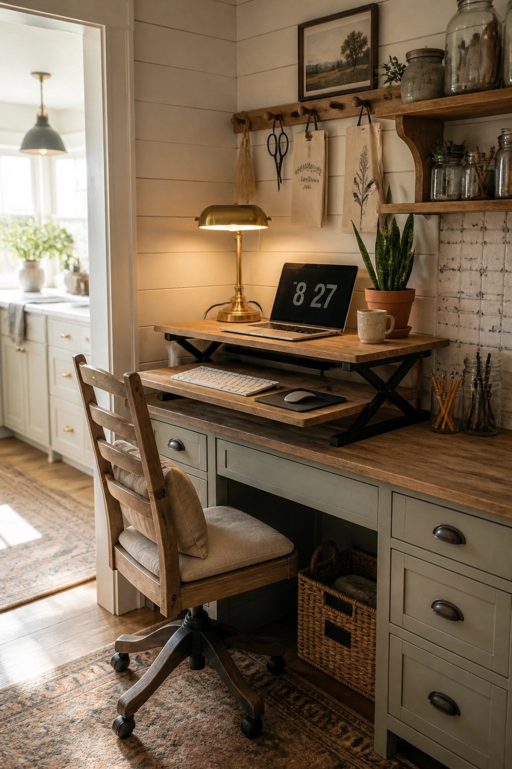 Cozy home office with wooden standing desk, laptop, brass lamp, and swivel chair