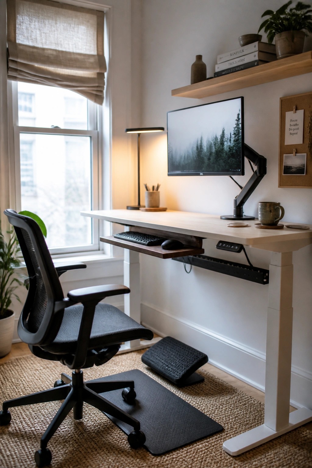 A modern home office with a white height-adjustable desk, black ergonomic chair, monitor on an arm, under-desk keyboard tray, footrest, and anti-fatigue mat near a window.