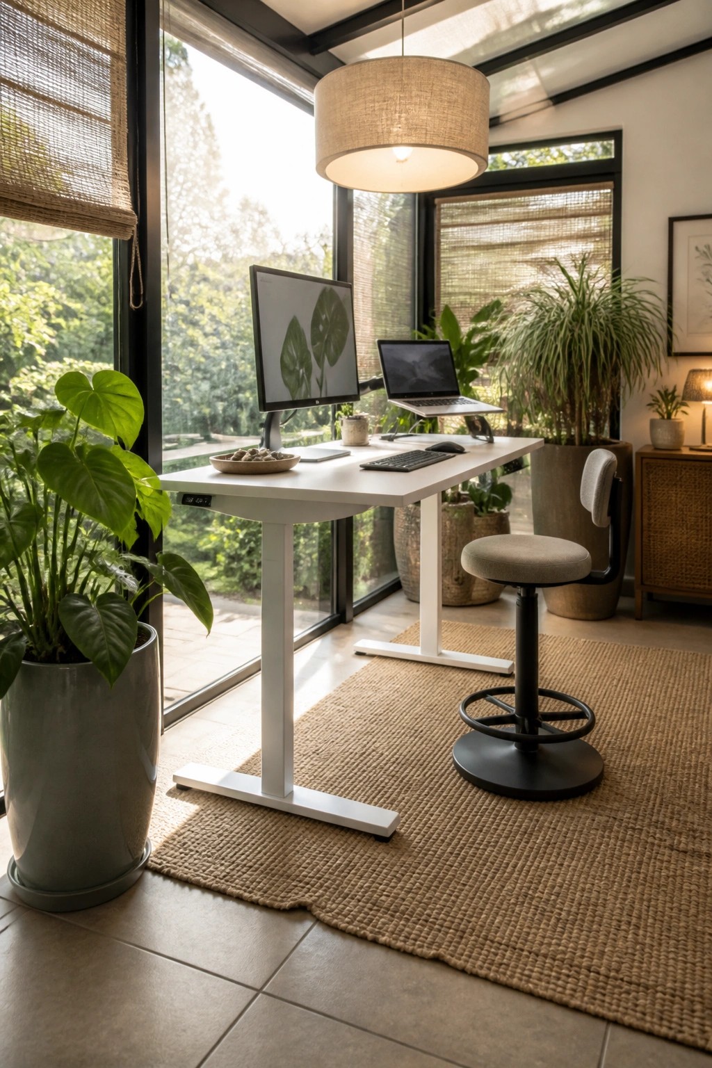 A white adjustable standing desk holds a monitor and laptop in front of large windows, with a round stool on a woven rug nearby.