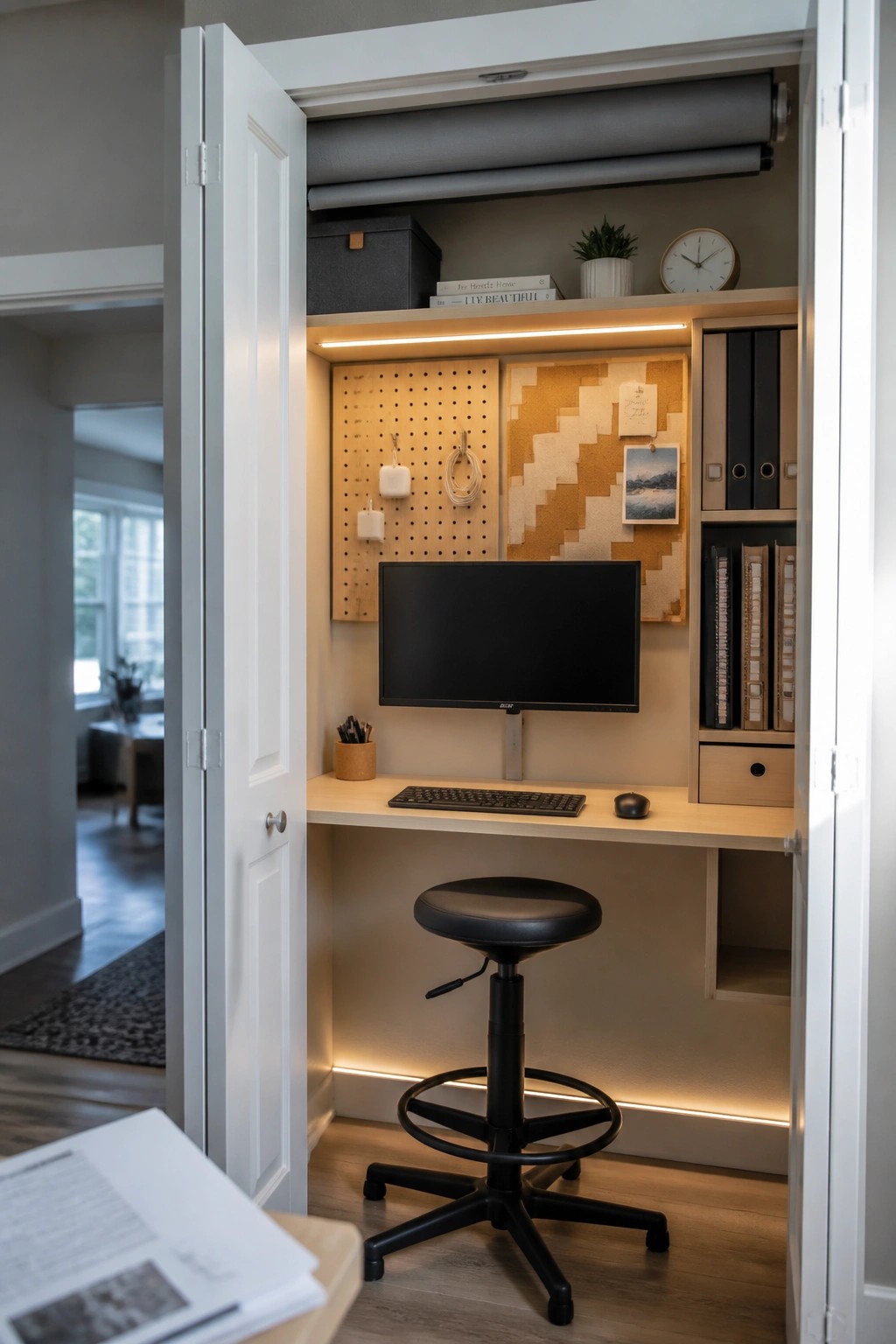 An open white closet converted into a workspace with a light wood desk, black computer monitor on an arm, keyboard, stool, pegboard, and upper shelves holding books and storage bins.