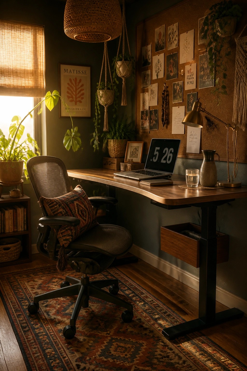 A home office with a wooden desk, laptop, ergonomic mesh office chair with a patterned pillow, corkboard wall, houseplants, and a window with woven shade.