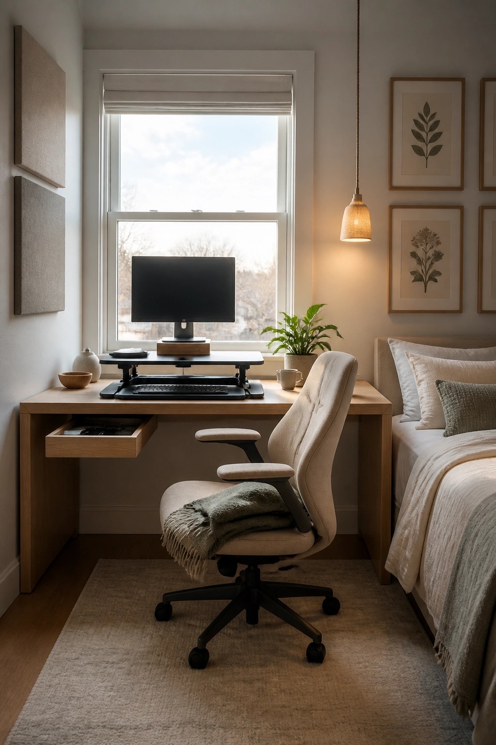 A wooden desk with a computer monitor on a riser sits under a large window in a bedroom, paired with an ergonomic office chair on a rug beside a bed.