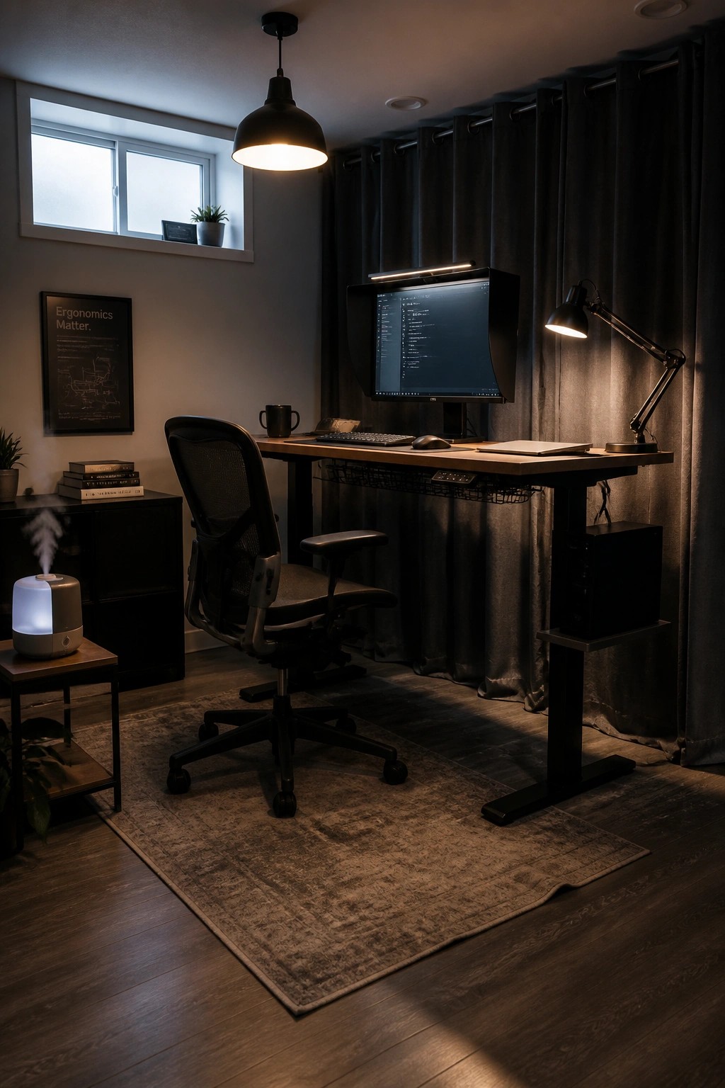 A home office featuring a black ergonomic mesh chair at a wooden height-adjustable desk with a computer monitor, under a pendant lamp.