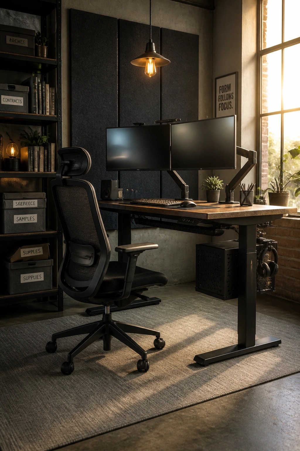 A home office features a black ergonomic office chair at a wooden height-adjustable desk holding two monitors on arms, with storage shelves and a large window nearby.