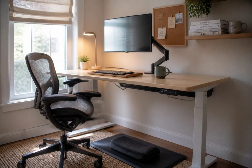 A modern home office with a white height-adjustable desk, black ergonomic chair, monitor on an arm, under-desk keyboard tray, footrest, and anti-fatigue mat near a window.