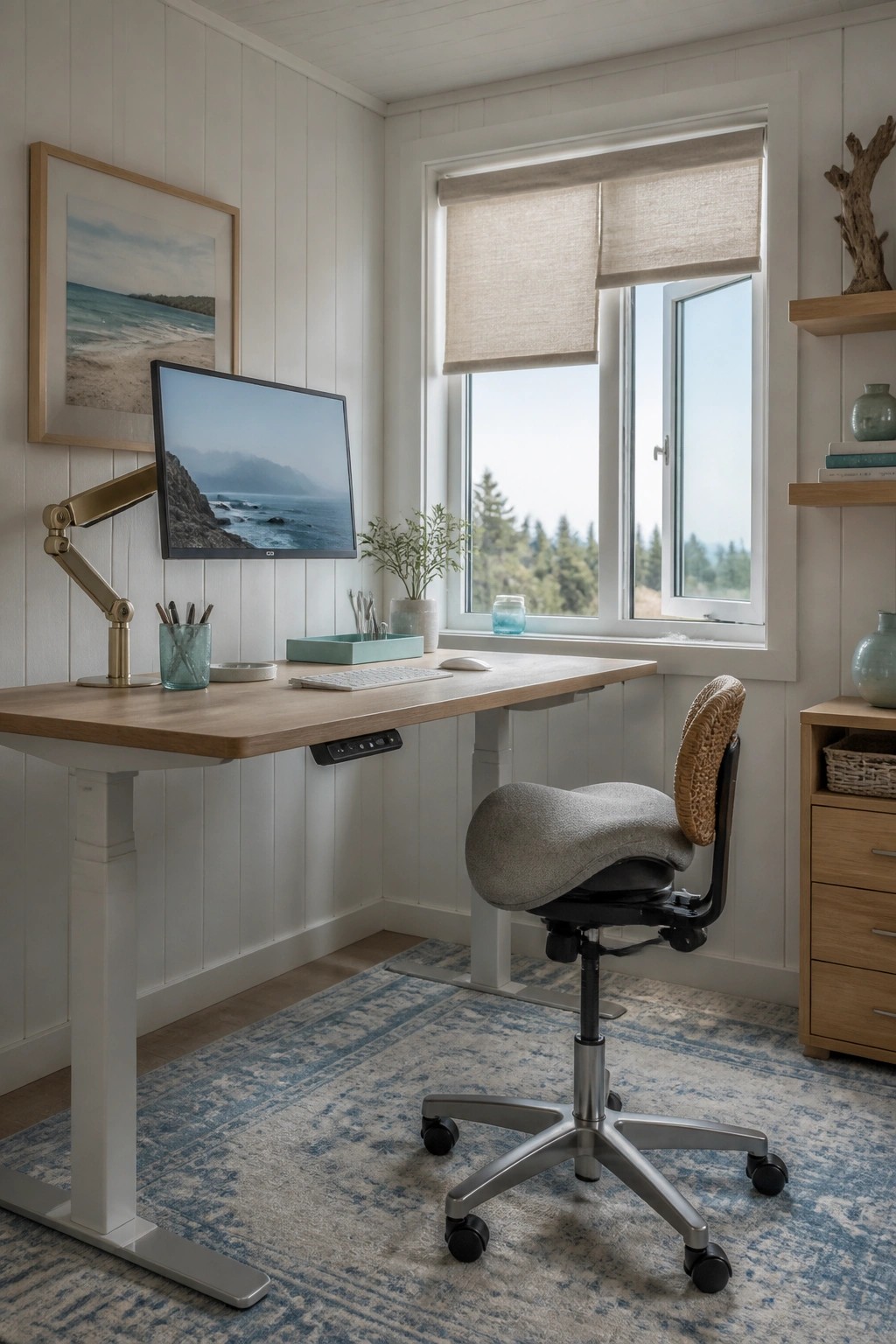 A home office featuring a wooden height-adjustable desk with a monitor on an arm mount, an ergonomic saddle chair, and a large window with rolled-up shades.