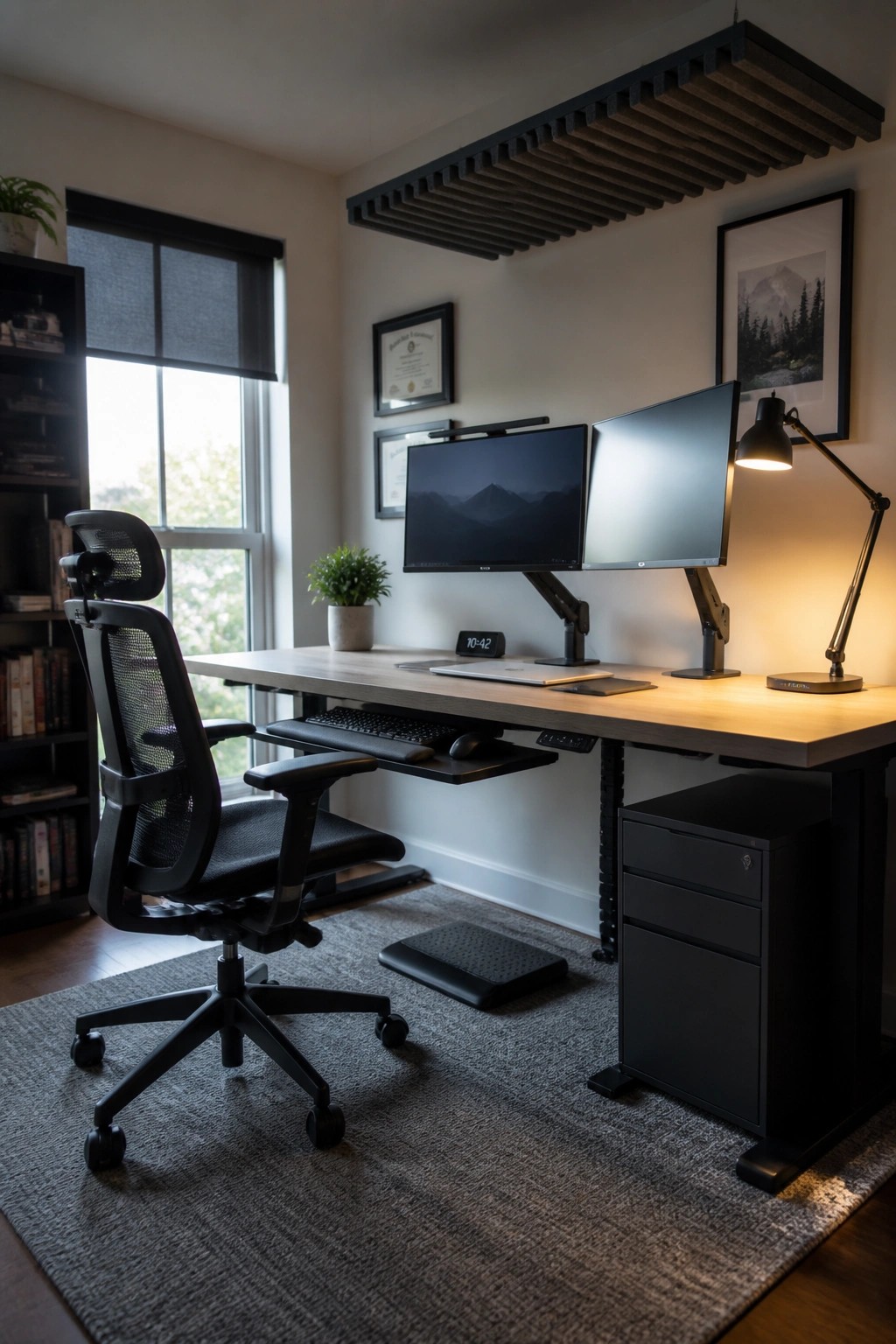 A home office with a wooden desk, dual monitors mounted on adjustable arms, an ergonomic black mesh chair, keyboard tray, and desk lamp on a gray rug.