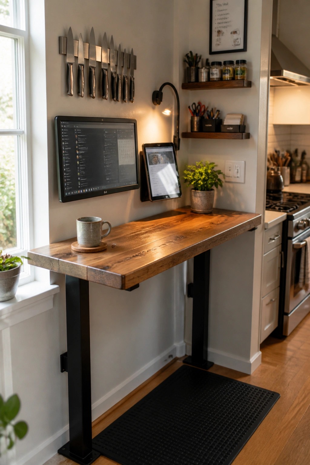 Kitchen workspace with wooden desk, wall monitor, tablet, knives, and potted plant