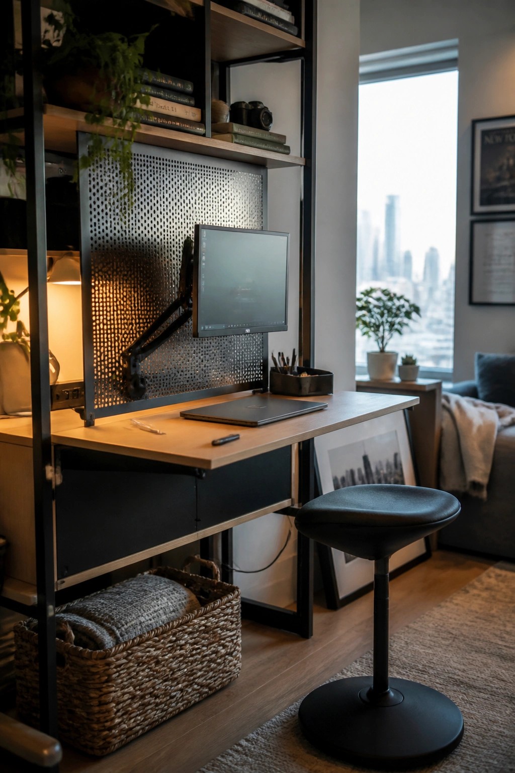 A compact wooden desk with a monitor mounted on a black arm to a perforated metal panel, a closed laptop on the desk surface, woven storage baskets below, and a black adjustable stool on a rug.