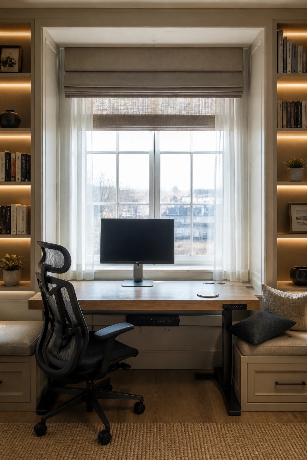 A wooden desk with a computer monitor sits centered in front of a large window, flanked by built-in lighted bookshelves and an ergonomic black office chair.