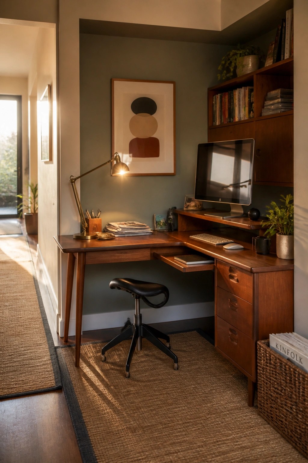 A wooden corner desk with a computer, keyboard, mouse, desk lamp, and black backless stool in a room with green walls and built-in wooden shelves.