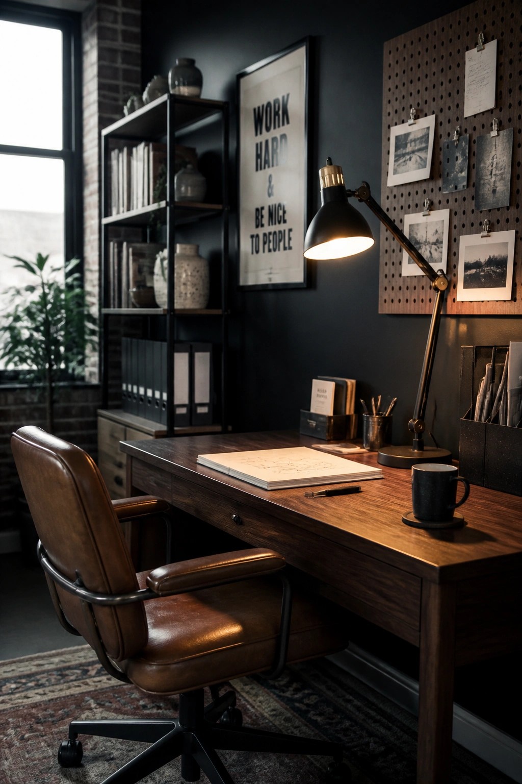 A wooden desk with a lit black desk lamp, an open notebook, and a brown leather office chair in a dark room with a pegboard on the wall.