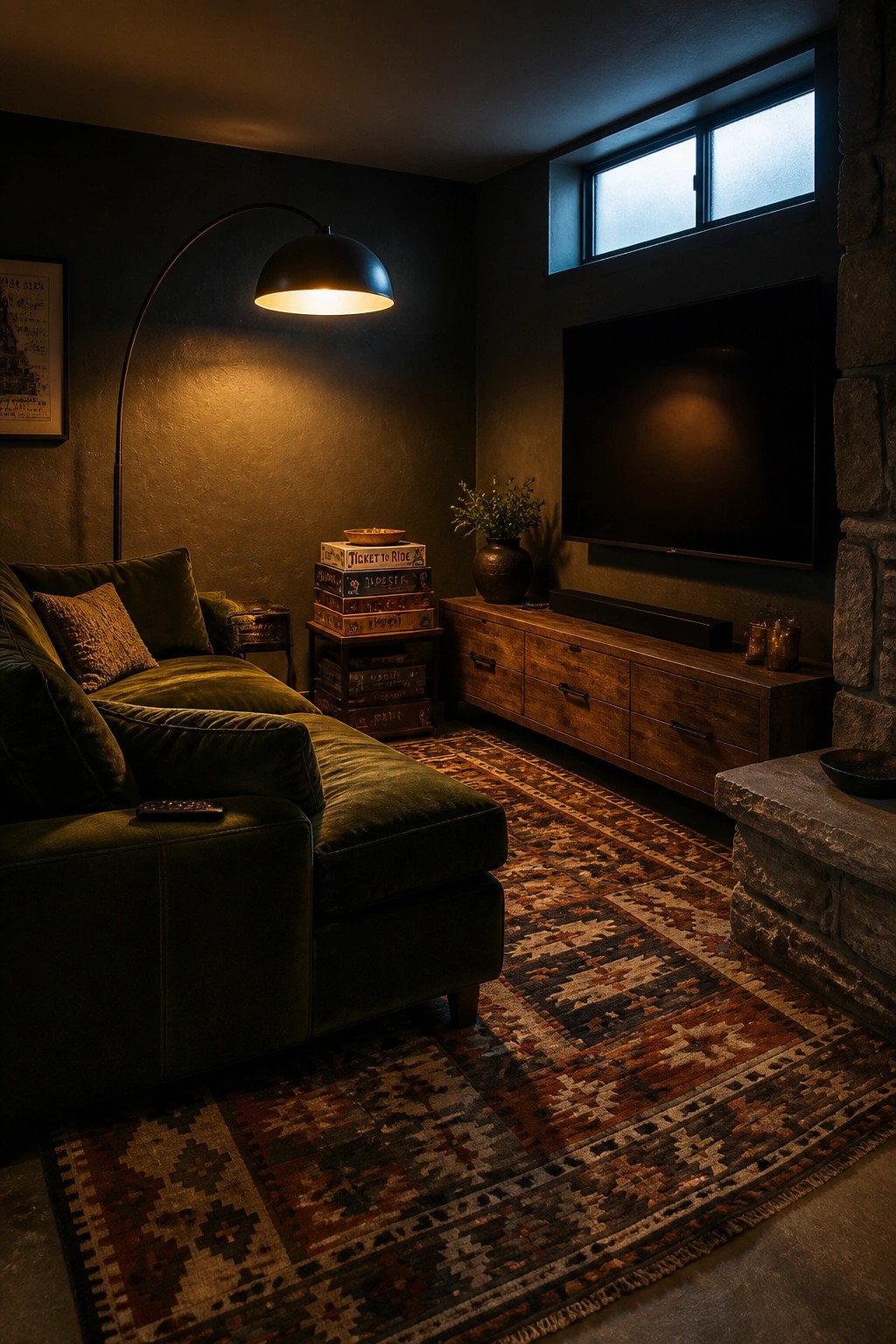 A dimly lit living room corner featuring a green velvet sectional, an arched floor lamp with a black shade, stacked vintage trunks, and a large patterned rug.
