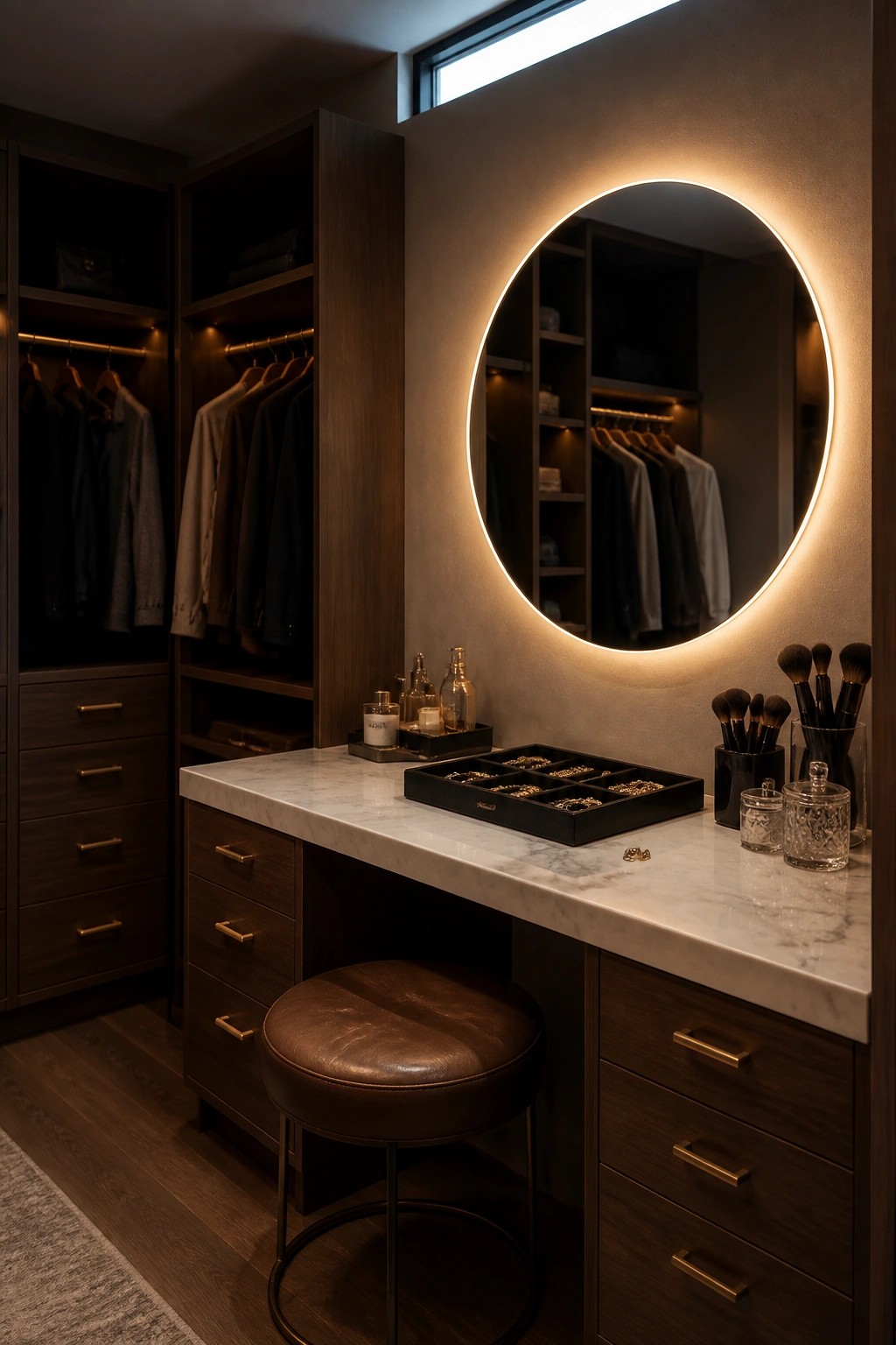A walk-in closet vanity features a large round mirror with warm integrated backlighting above a marble countertop, dark wood drawers, and a brown leather stool.