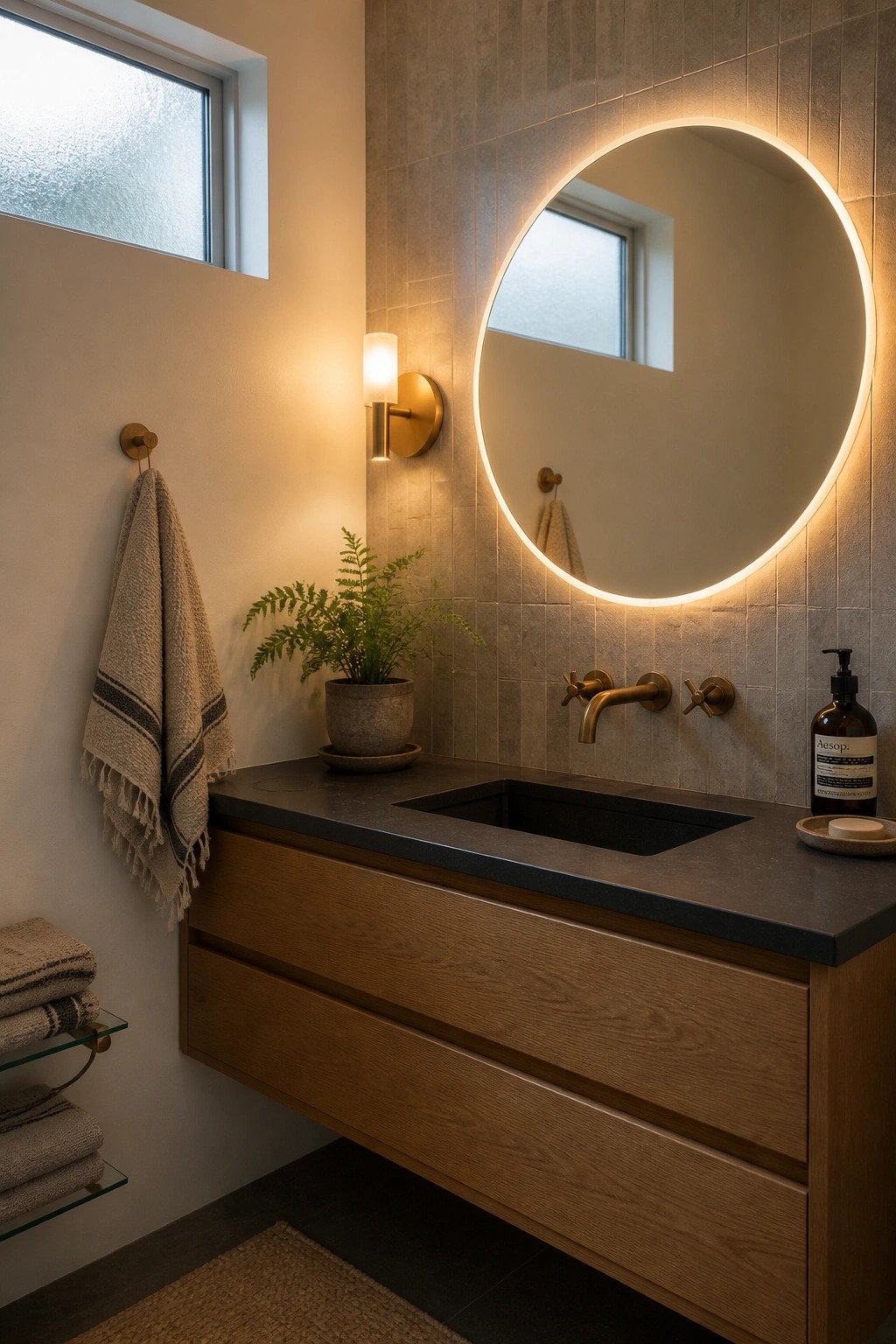 A bathroom vanity with a large round backlit mirror above a dark stone sink, wooden drawers, and a wall sconce to one side.