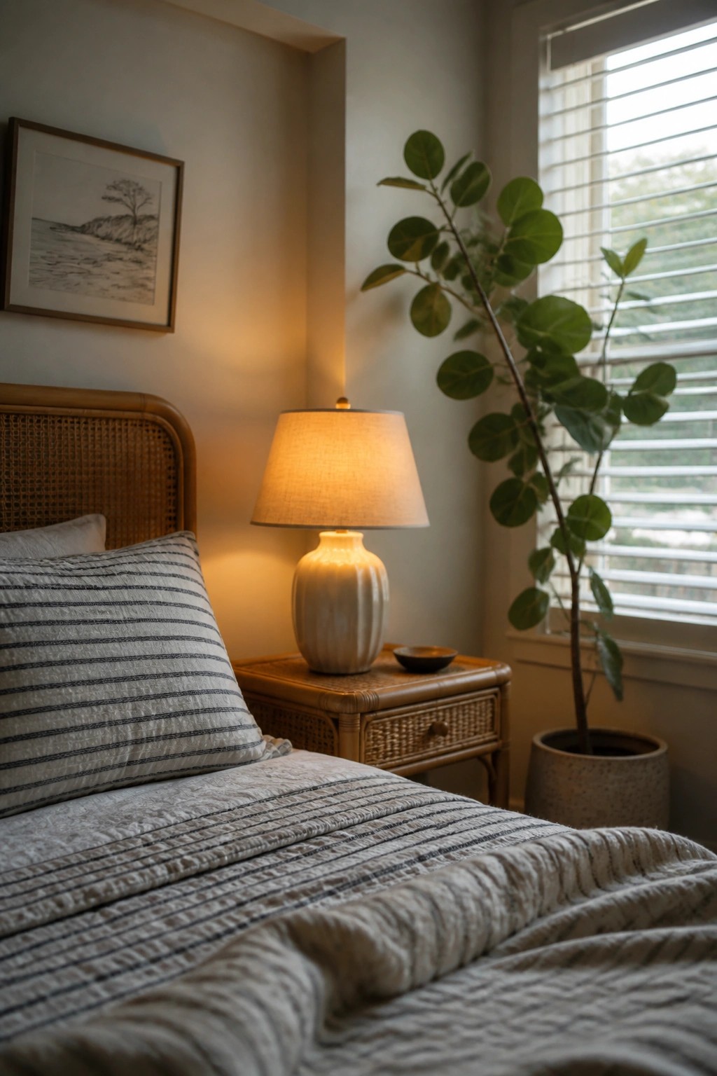 A bedroom corner shows a lit ceramic table lamp on a wooden nightstand next to a bed with striped pillows, a potted plant, and a window with blinds.