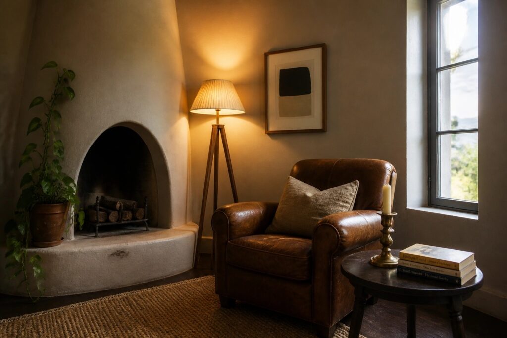 18 Warm Corner Lighting Ideas for Dark or Shadowed Spaces A brown leather armchair sits beside a tripod floor lamp with a pleated shade in a room with a fireplace and a large window.