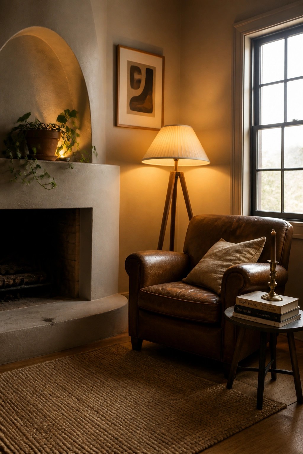 A brown leather armchair sits beside a tripod floor lamp with a pleated shade in a room with a fireplace and a large window.