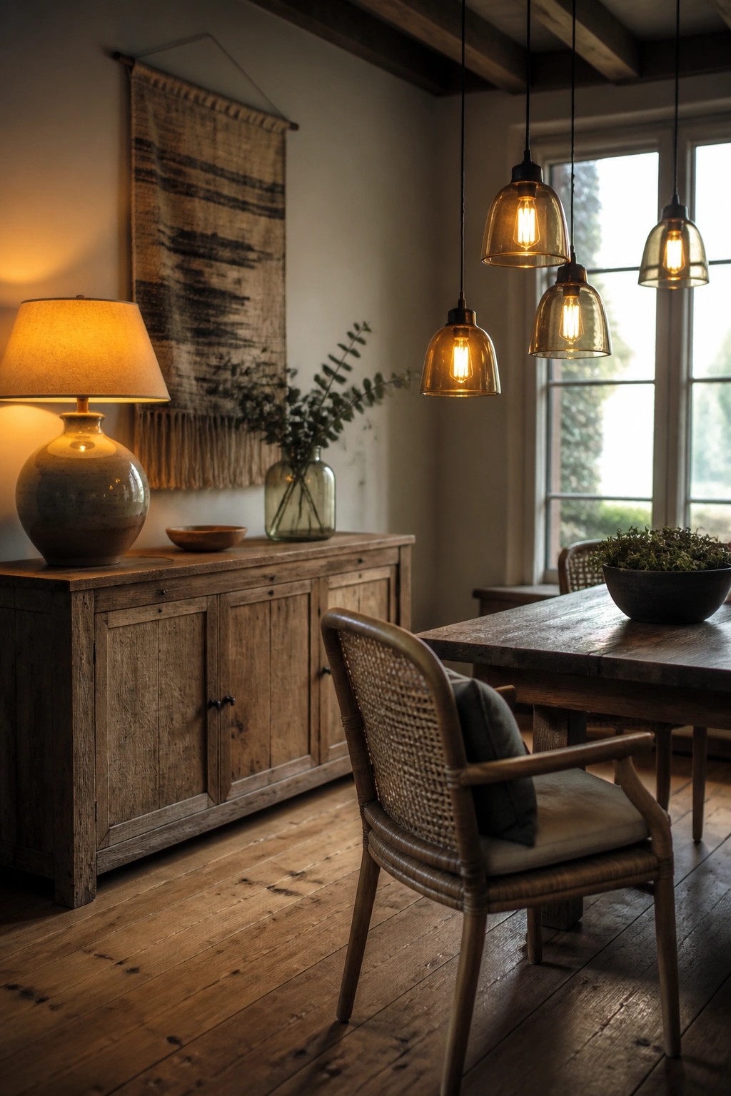 A wooden dining table with four amber glass pendant lights glowing warmly above it, next to a sideboard with a lamp and woven wall hanging.