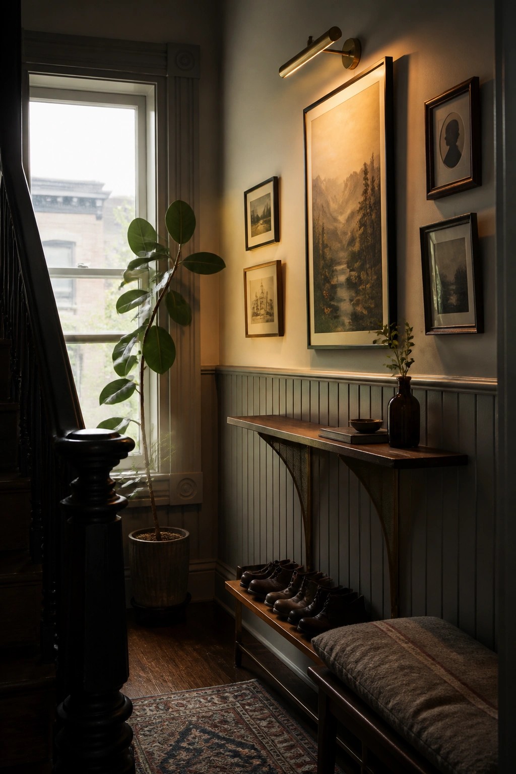 An interior hallway with a large framed landscape painting lit by a brass wall sconce above a wooden console table, with shoes on a bench and a potted plant near a window.