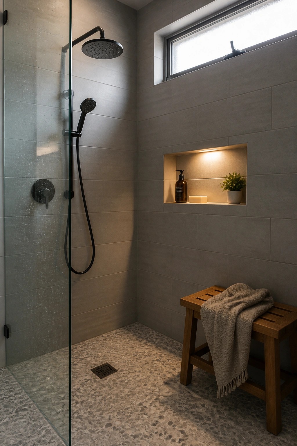 A shower stall with gray tiles shows a recessed niche lit from above with a soap bottle, bar of soap, and small plant inside, beside a wooden stool holding a folded towel.
