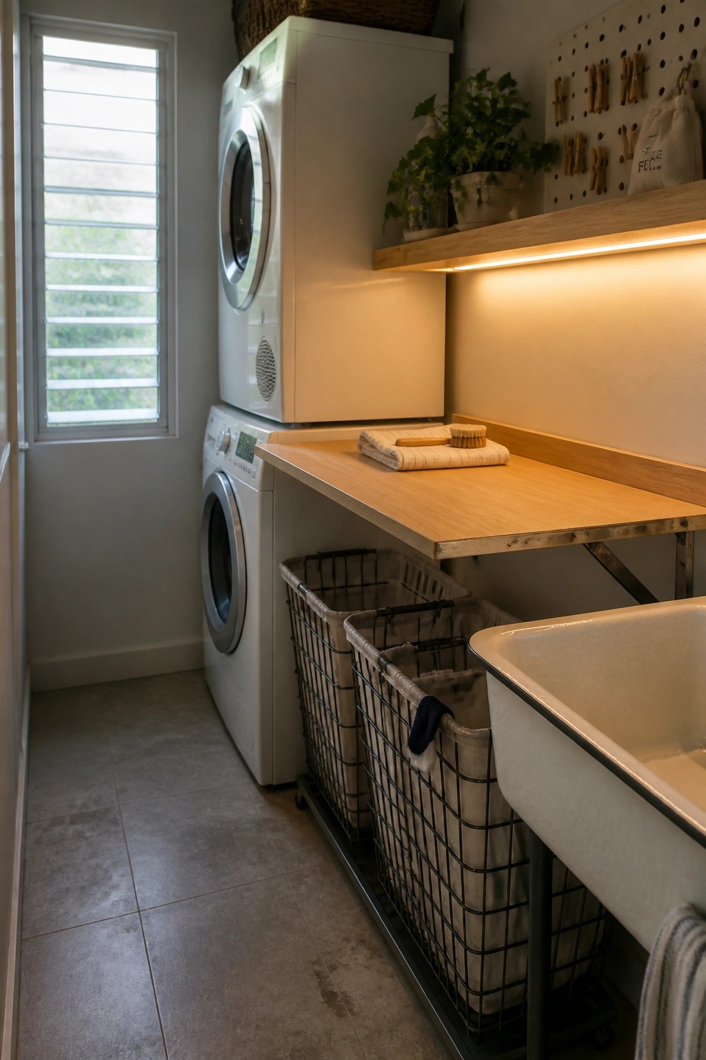 Stacked white washer-dryer under wooden counter with wire baskets and sink.