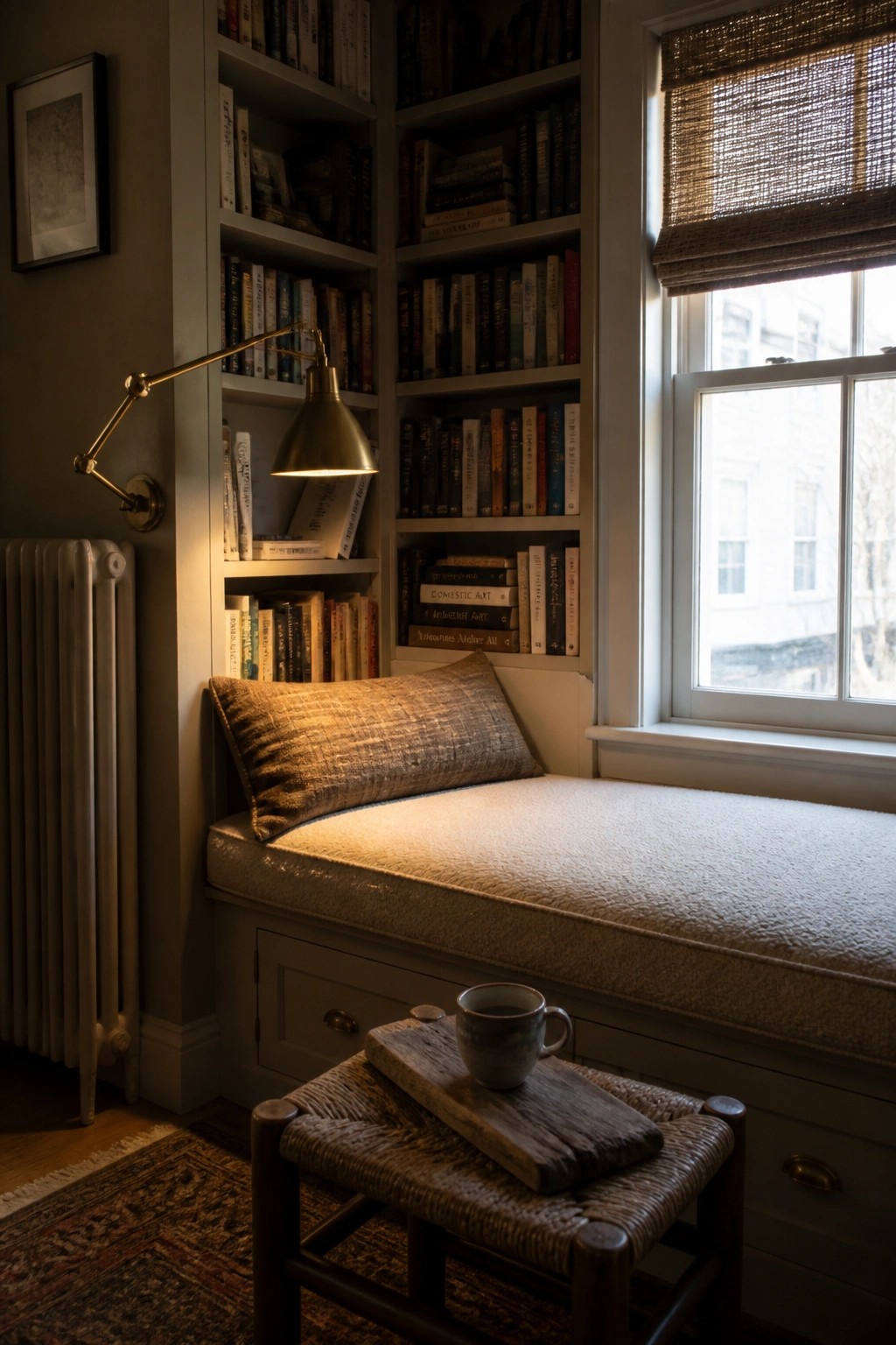 An interior corner shows a built-in window seat with a cushion, bookshelves filled with books, a wall-mounted brass swing arm lamp lit above the seat, and a small woven stool holding a cup in the foreground.