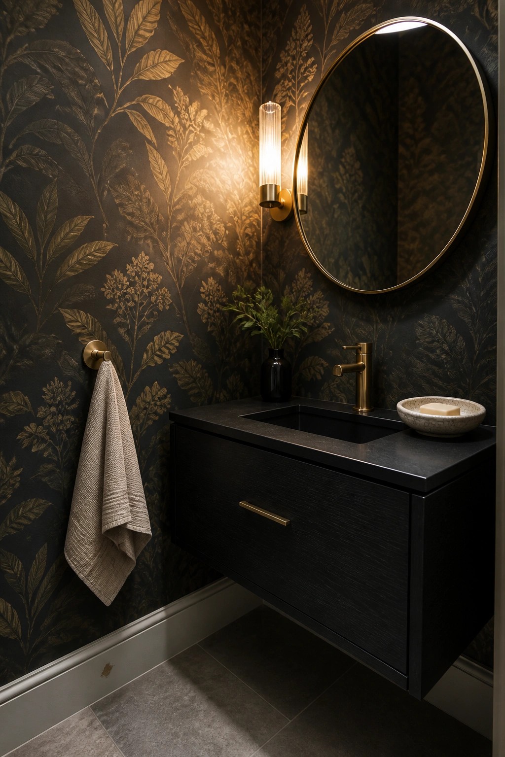 A bathroom with dark patterned wallpaper features a black floating vanity, round mirror, and a lit vertical wall sconce with a ribbed glass shade.