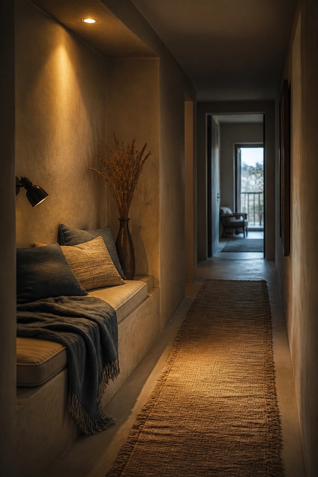Warmly lit hallway with built-in bench, pillows, vase of dried plants, and woven runner rug