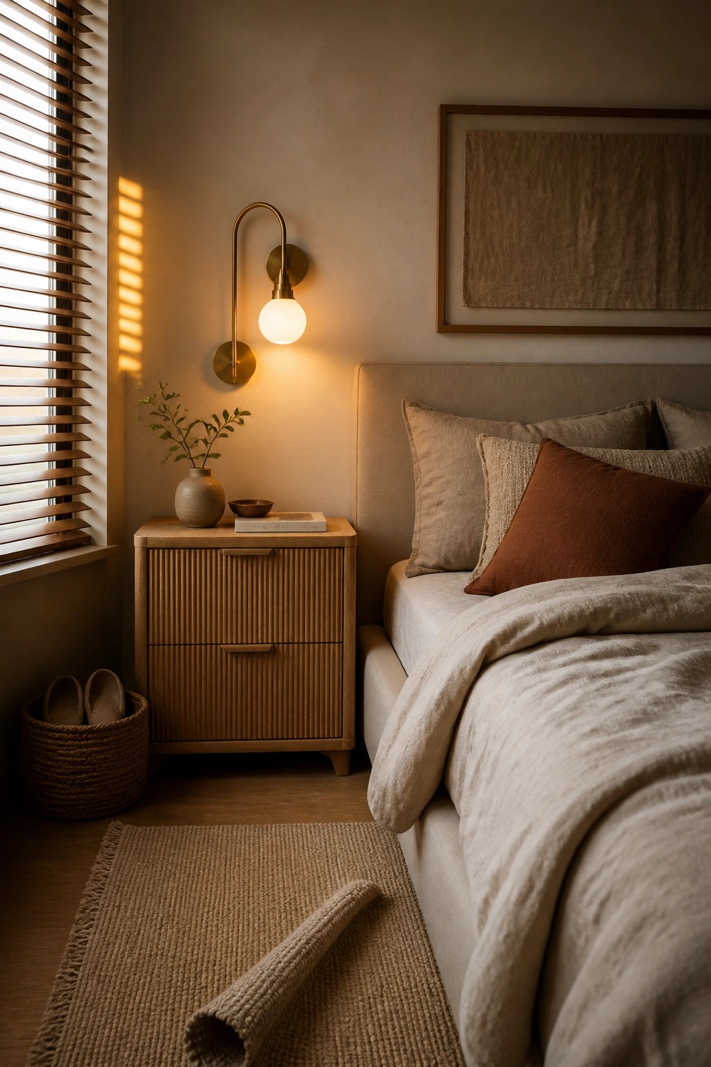 A bedroom corner shows a brass wall sconce with a round glowing bulb mounted above a wooden nightstand beside a bed with neutral pillows and bedding.
