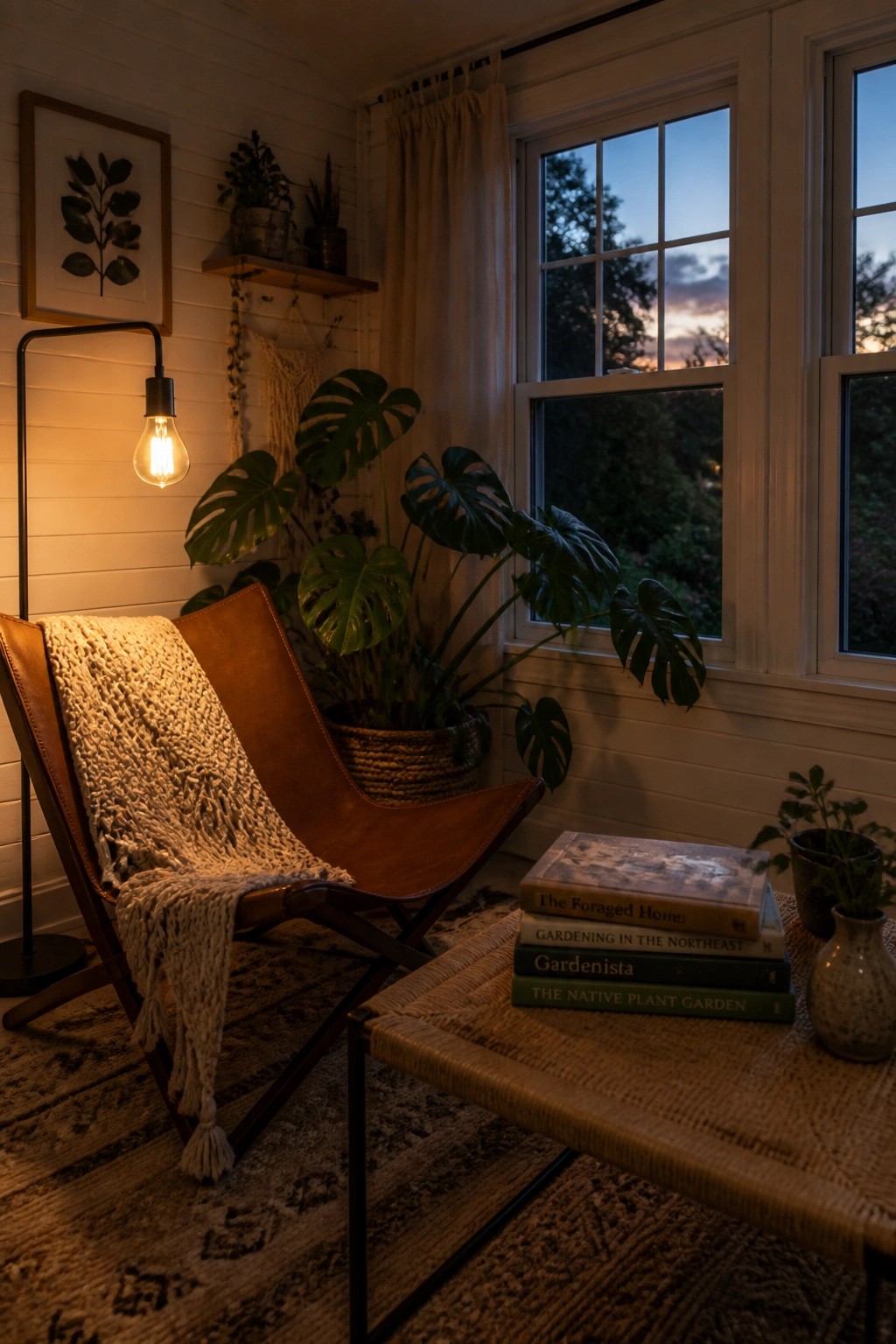 A cozy interior corner featuring a brown leather sling chair with a white knit blanket, a tall black floor lamp with a glowing bulb, large monstera plants in woven baskets, a stack of gardening books on a woven table, and a window showing dusk outside.