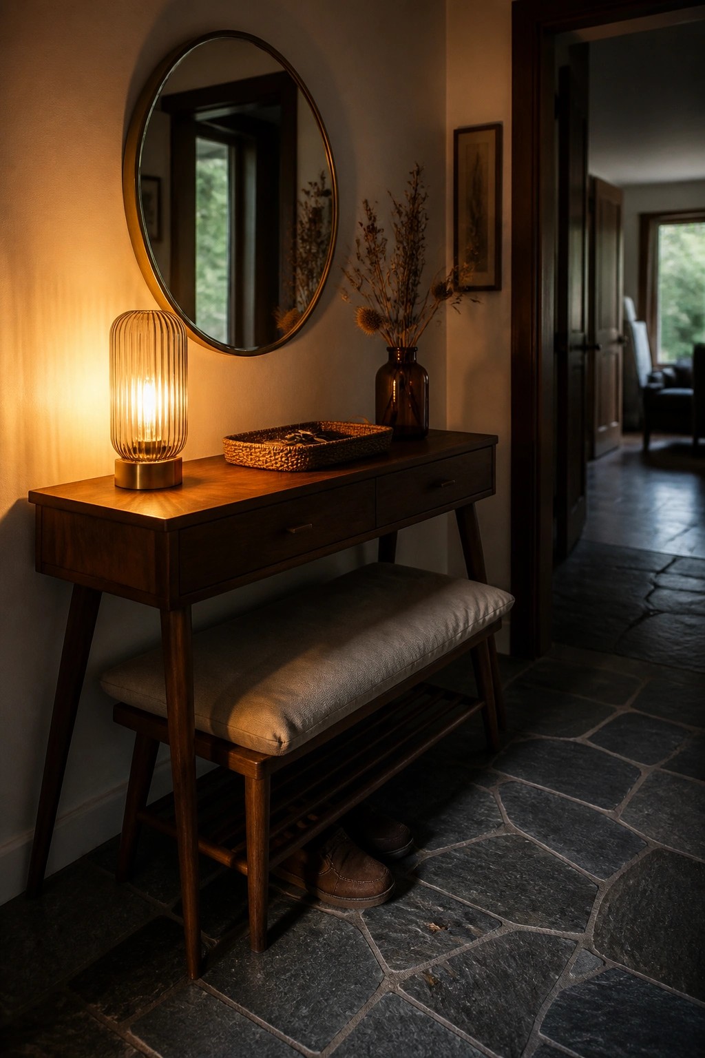 A lit ribbed glass table lamp sits on a wooden console beneath a round mirror in a stone-floored entryway.