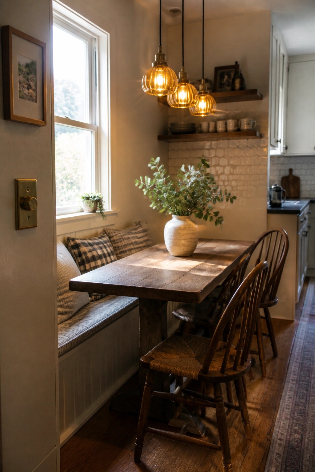 Cozy wooden dining table with spindle chairs and glowing pendant lights in a rustic nook.